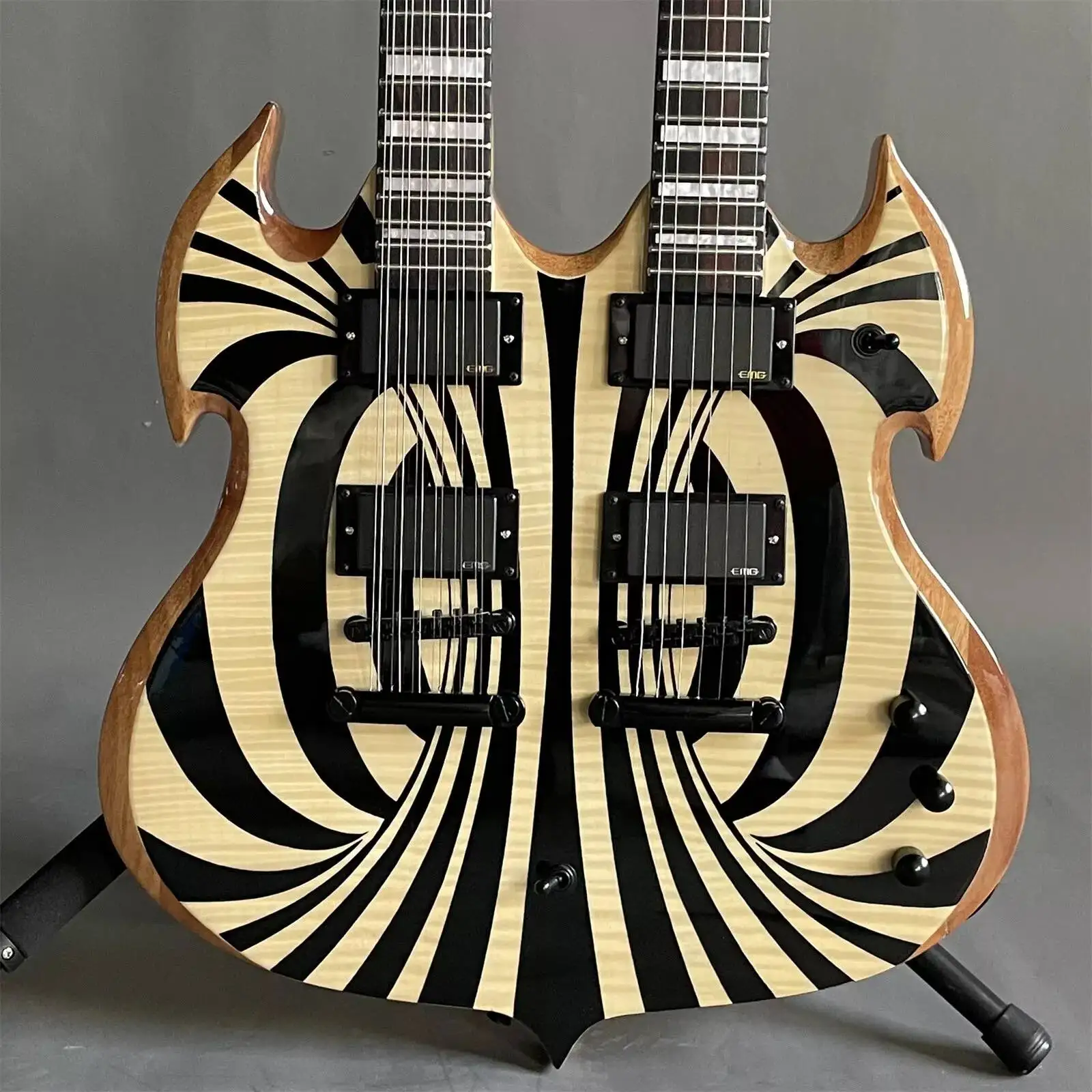 Custom Black Circle 12+6 Strings W Audio Double Neck Electric Guitar 4EMG Pickups Mahogany Body