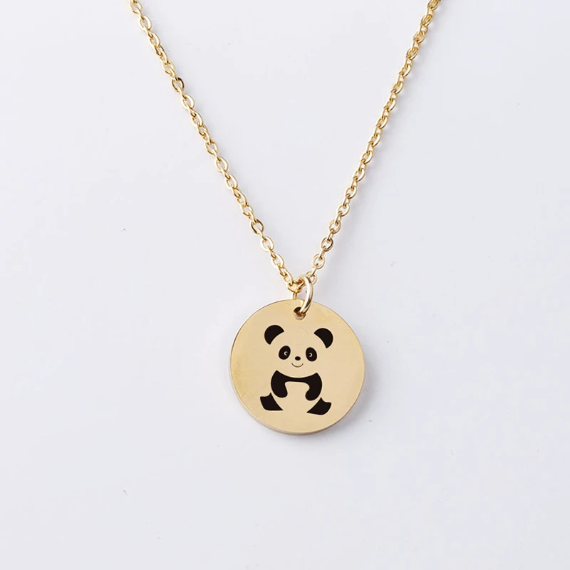 Non Tarnish 18K Gold Panda Necklace For Women Girls Dainty Lovely Panda Laser Engraving Round Disc Pendant Necklace Gift