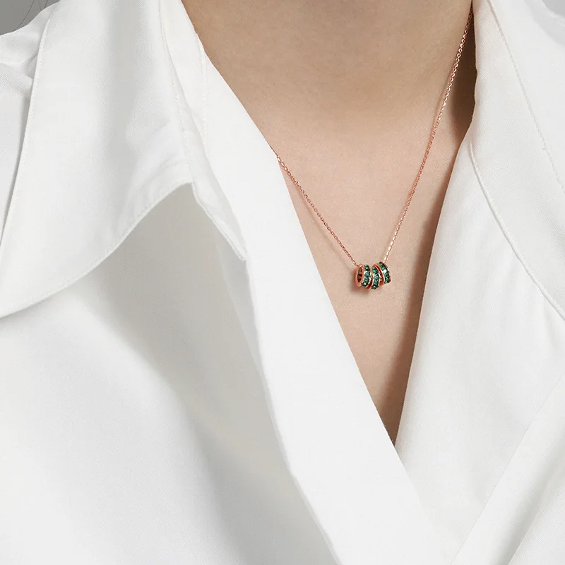 Green cz channel setting three rings pendant fashion sterling silver mini round bean pendant necklace