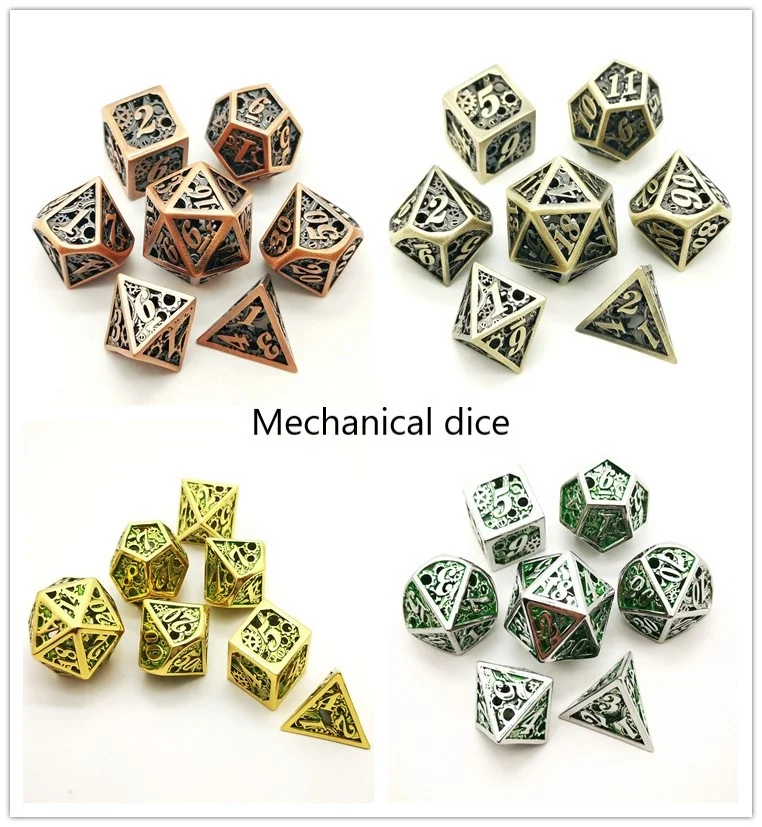 Многогранные металлические кости DND медные с вырезами игральные
