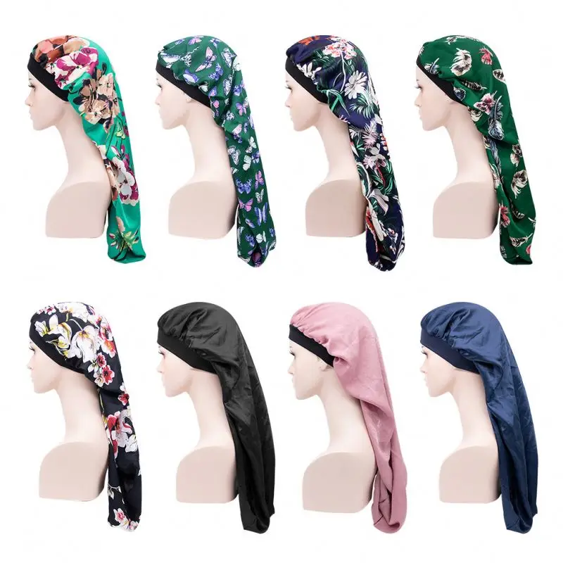 Wholesale Women Head Wrap Solid Silky Nightcap Printed Long Hair Satin Bonnets For Braids