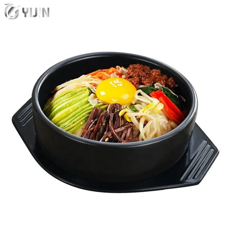 Wholesale black ceramic soup pots dolsot bibimbap ramen casserole stone bowl with tray