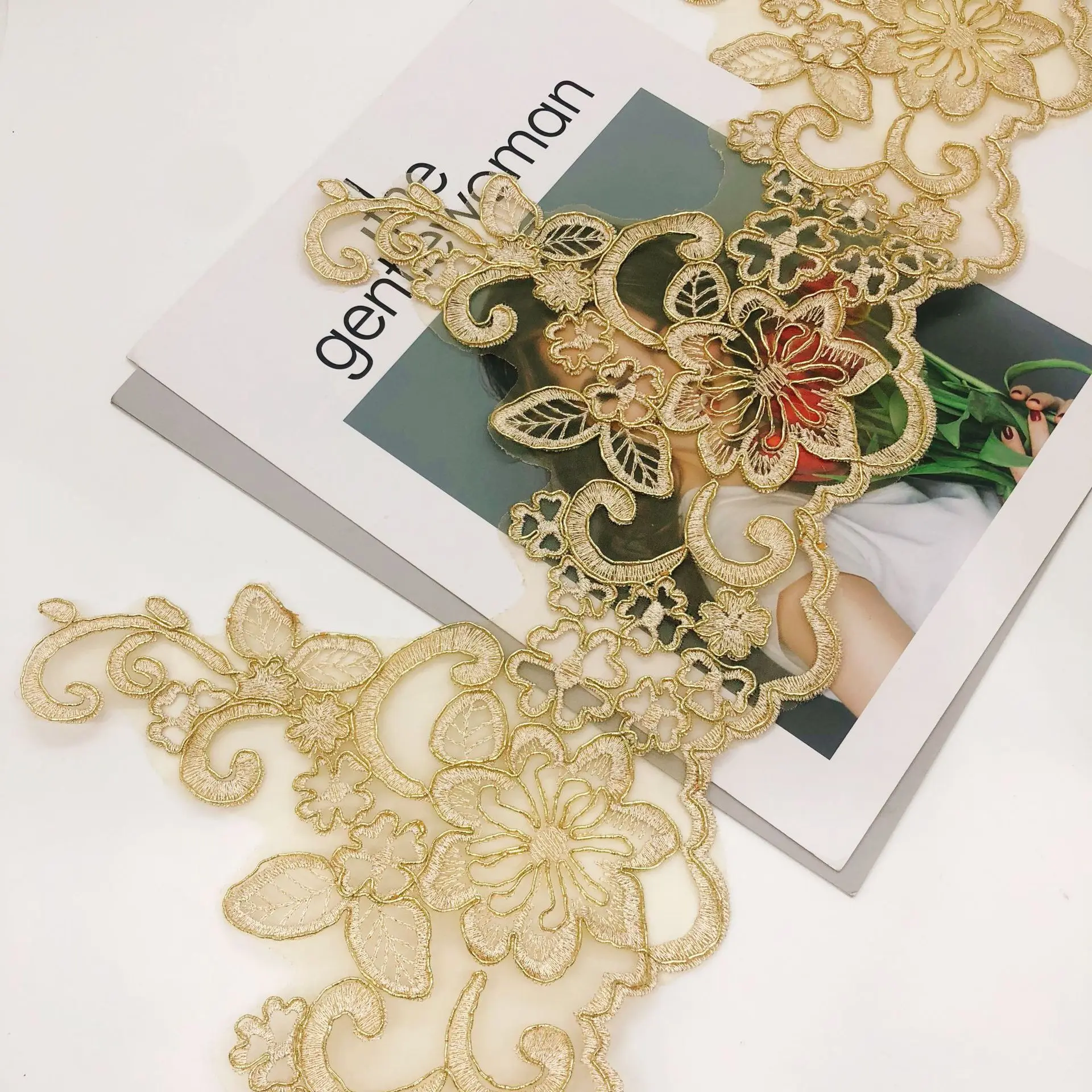 22 cm Wide Gold Metallic Thread Embroidery Tulle Mesh Polyester Guipure Cording Lace Trim