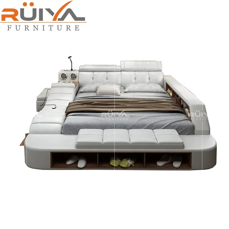 Latest design multi-functional smart leather bed with massage & speaker &LED light massage bed factory cheaper price on sale