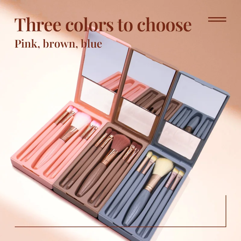 5 Pcs/Box Hot Sale Makeup Brush Set With Mirror Box Portable Travel Makeup Cover Brush Soft Hair Eye Shadow Brush 3 Colors