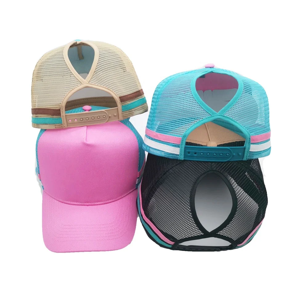 High Pony Tail Caps Hats With Custom 3D Embroidery Logo 5 Panels High Profile Blank Cotton Mesh High Ponytail Trucker Caps Hats