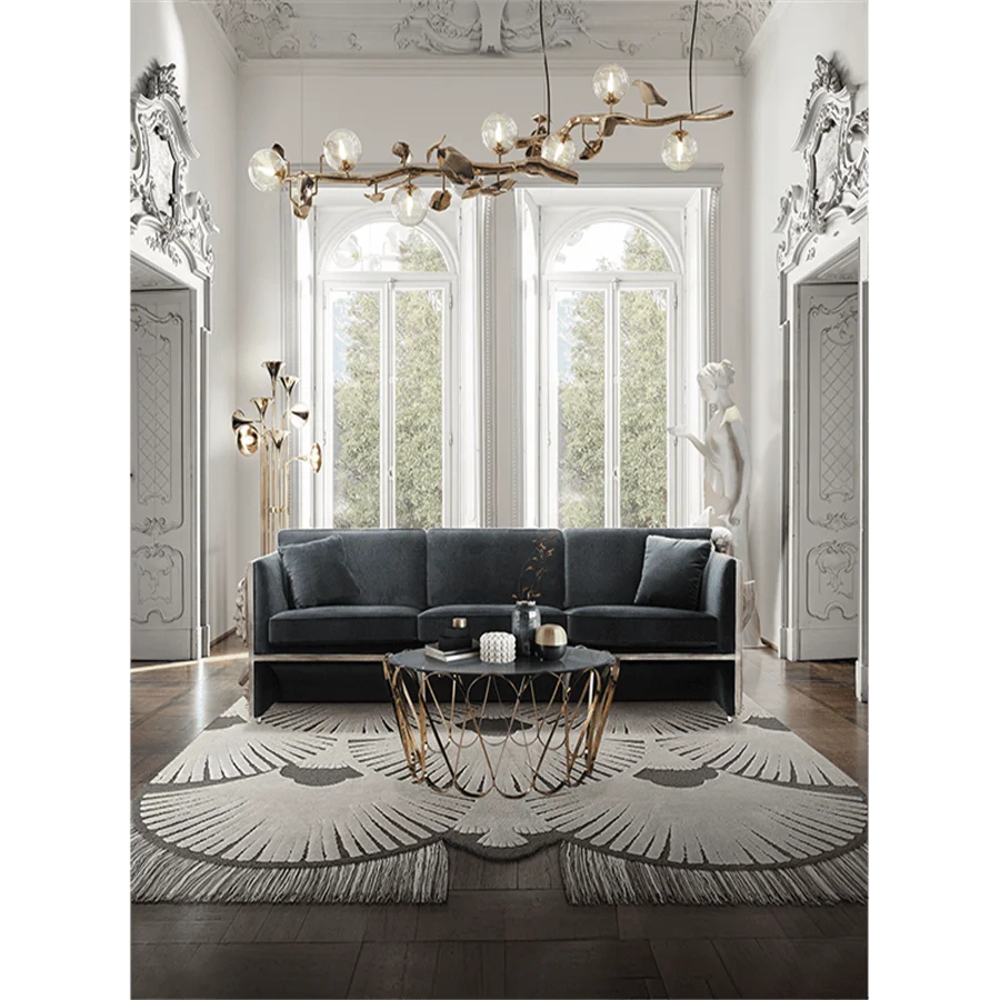 Atmospheric luxury velvet sofa blue carved living room sofa high-end exclusive luxury modern soft three-seat sofa set