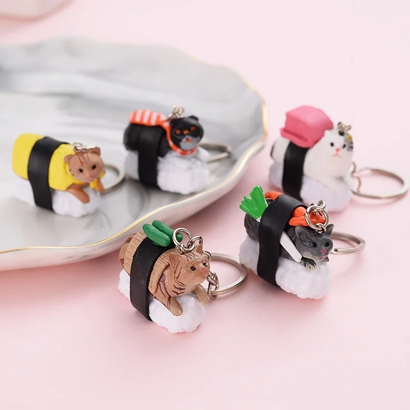 
Hot Selling New Personality Funny Creative Cat Sushi Resin Metal Keychain 