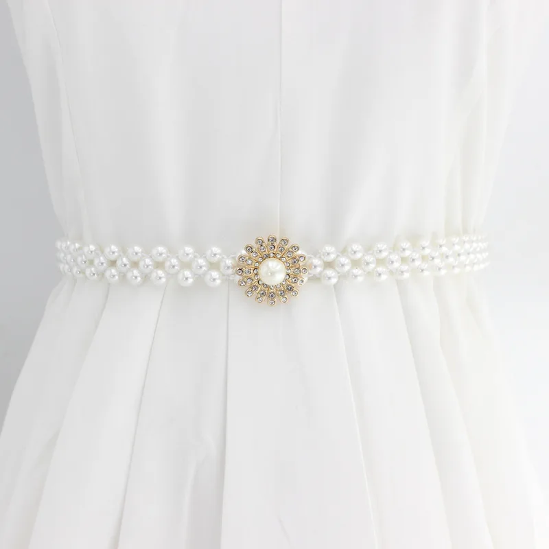 Lady Rhinestone Pearl Waist Chain Fashion Dress Decorate High Elastic Belt Female Sweet Flower Waistband
