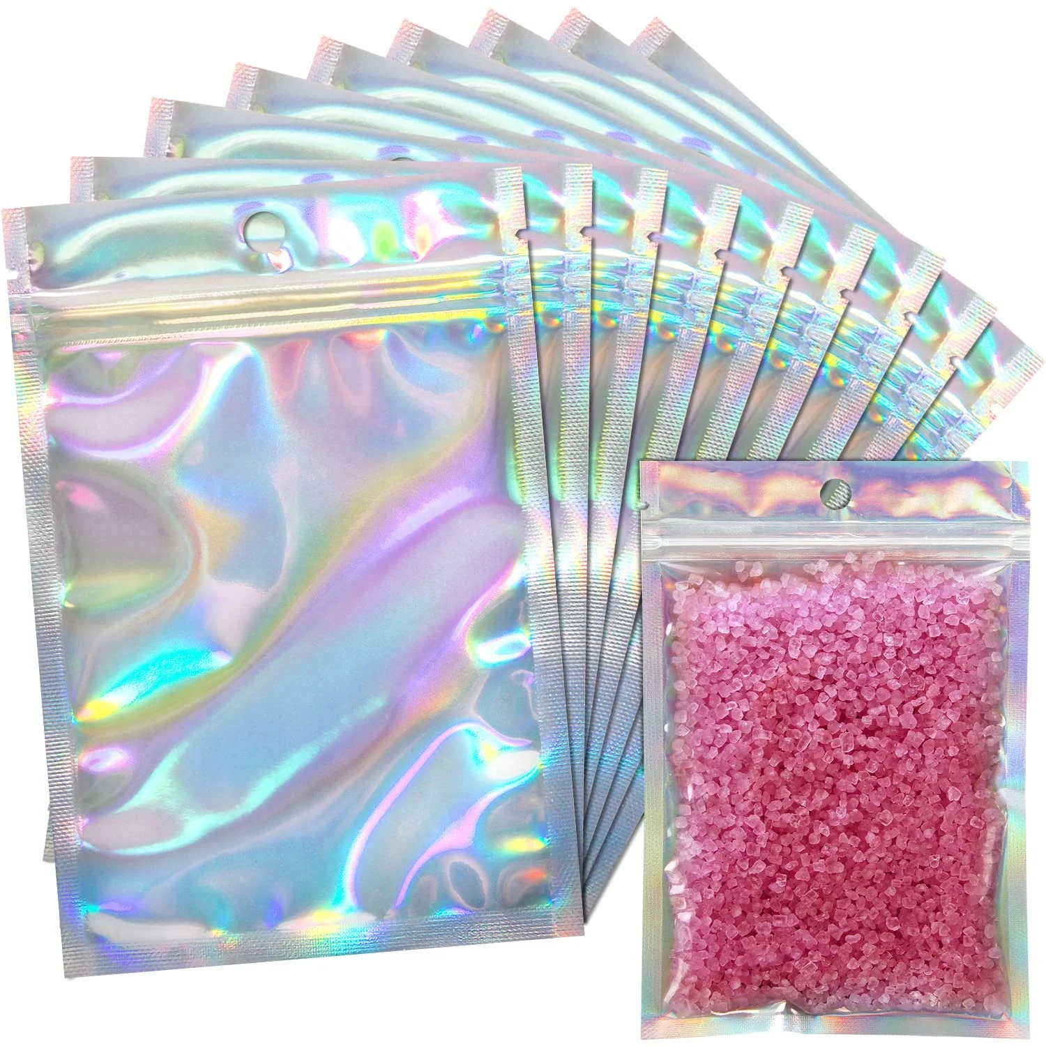 Unique Design Holographic Plastic Ziplock Foil Pouch Mylar Bags Bulk With Reusable Self-sealing Strip For Multipurpose Storage