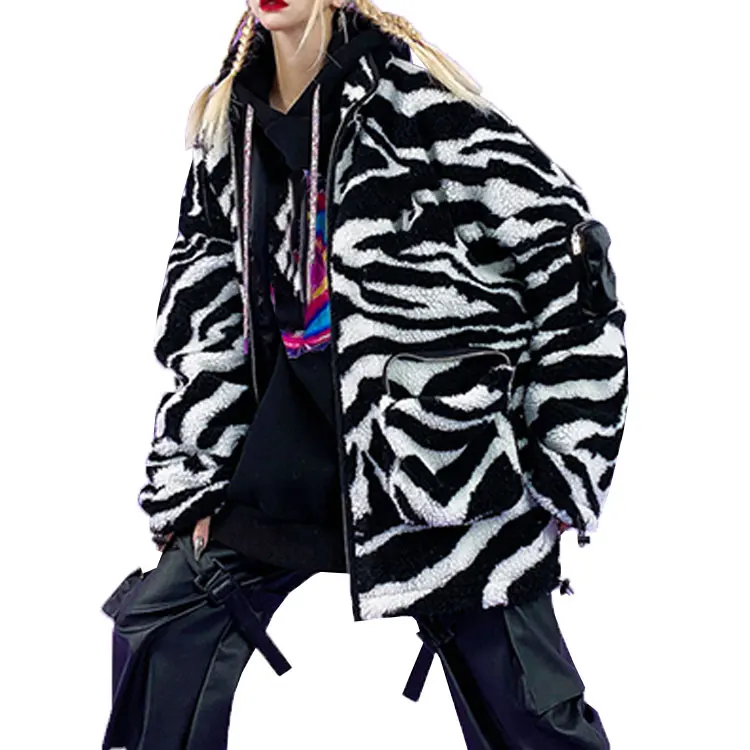 Top Fashion Hip Hop Winter Loose Lamb Hair Warm Zebra Print With PU Wrist Bag Street Couple Thick Coat Women Jackets and Coats