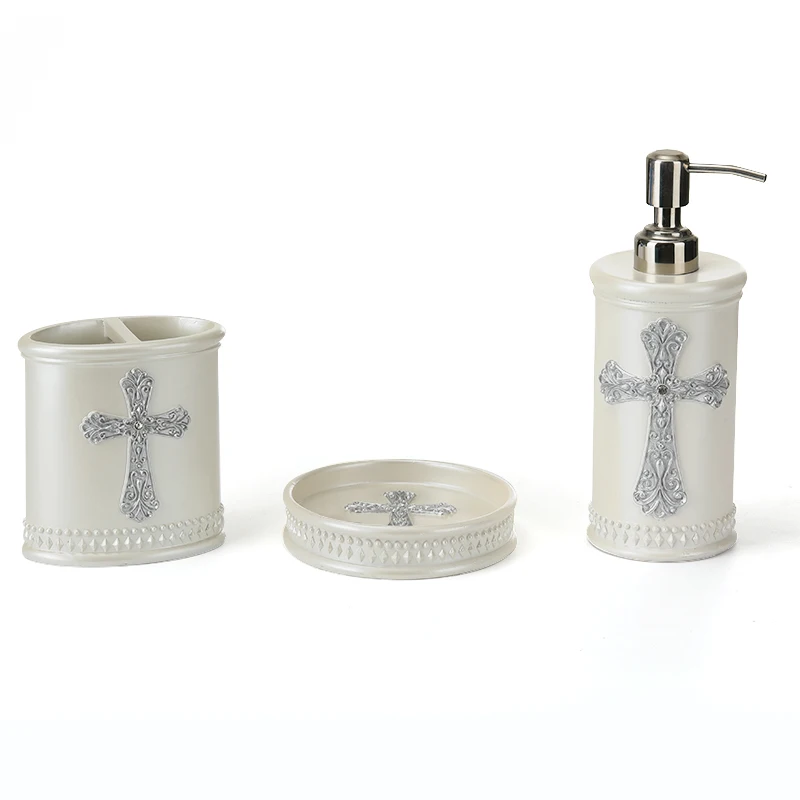 Custom Design Resin Bathroom Set Lotion Dispenser Soap Dish Bathroom Accessories Set White Cross Resin Bathroom Accessories