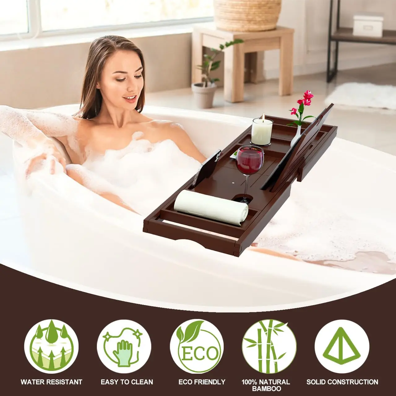 JQ Premium Bamboo Material Bamboo Bath Caddy with Soap Rack Bamboo Bathtub Tray Table for bathroom