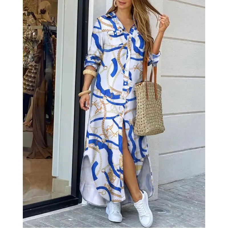 Hot Selling Woman Shirt Dress Fashion Printed Woman Long Dress Fall Clothing For Women Casual Dresses