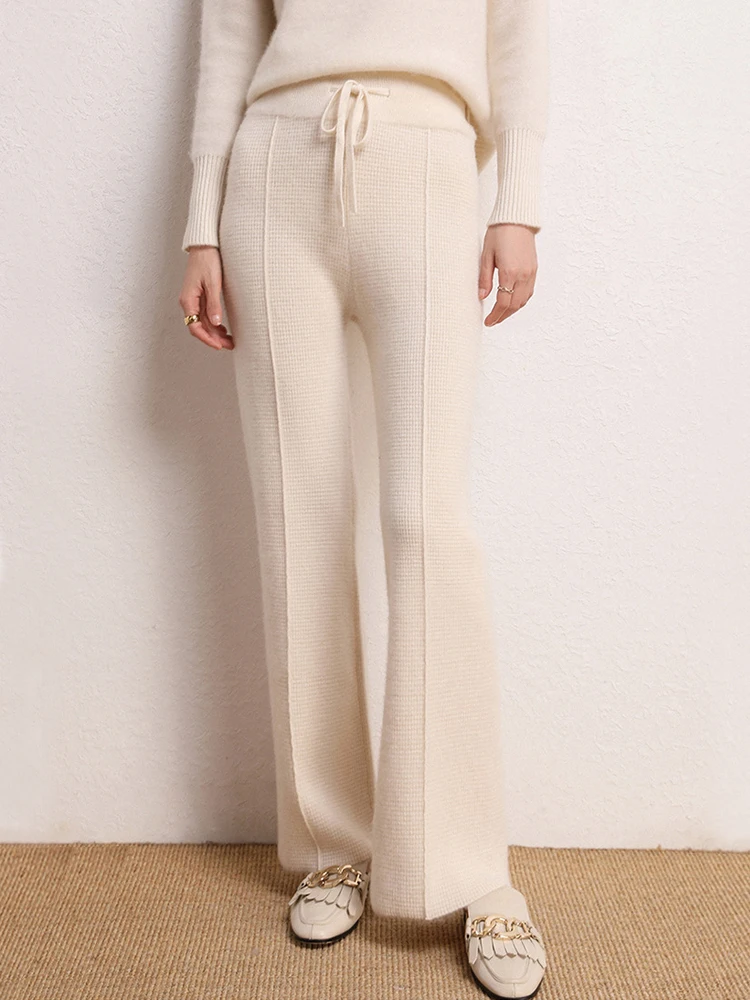 Women Waffle Knit Loose Wide Leg Casual Cashmere Pants with Drawstring
