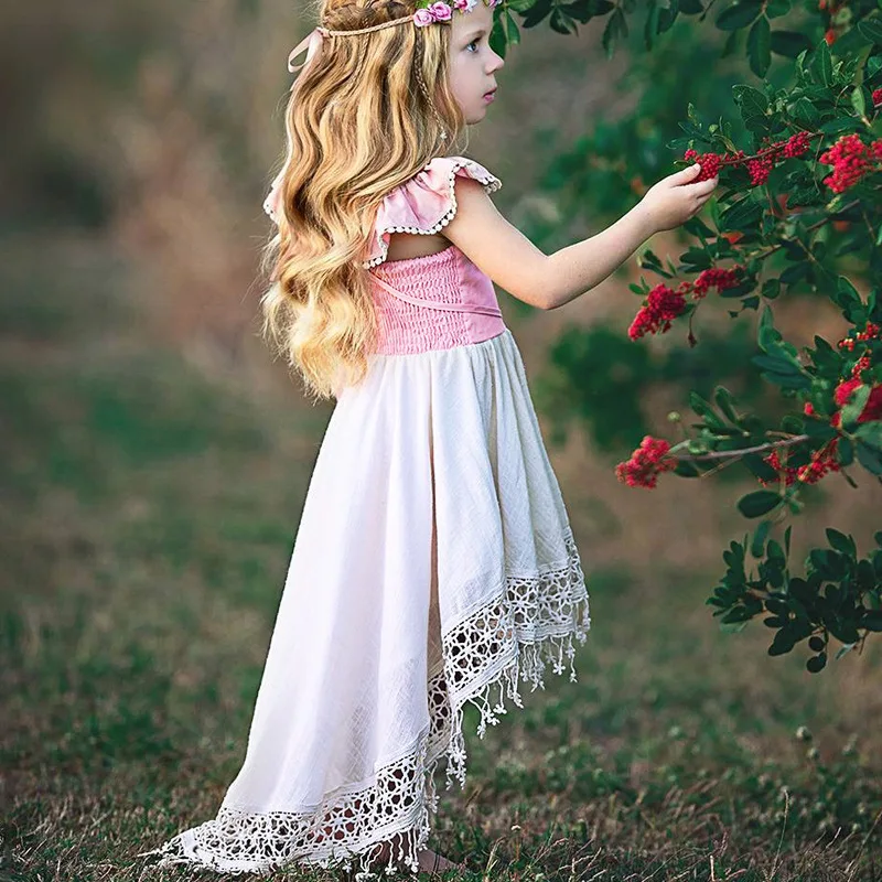 HaoBaby Explosion Models Ins Small Flying Sleeves Clothing For Kids Irregular Hollow Lace Fan Open Back Girl Dress