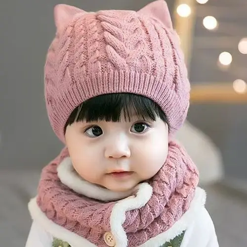 Syh1052 Winter baby hats scarves 2 pcs set baby Knitted Caps Woolen Warm Thickened Girl Hat