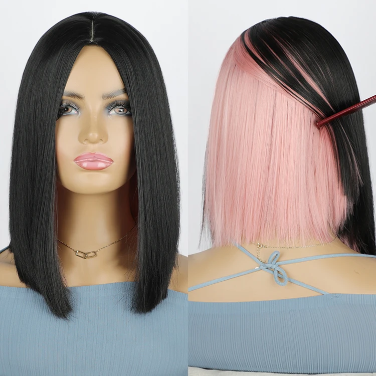 Cheap Black Mix Pink Highlight Blunt Cut Short Hair Wig Straight Bob Natural Hair Shoulder Length Wigs For Party Daily Costume