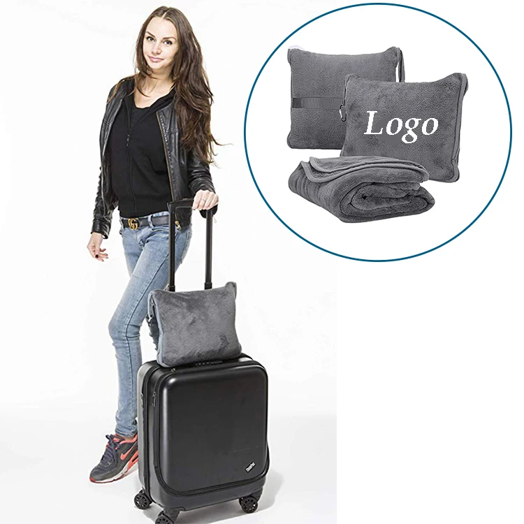 CVS BSCI All Season Lightweight Warm Fuzzy 4 in 1 potable folding Flannel Fleece Airplane Travel Pillow and Blanket In Pouch