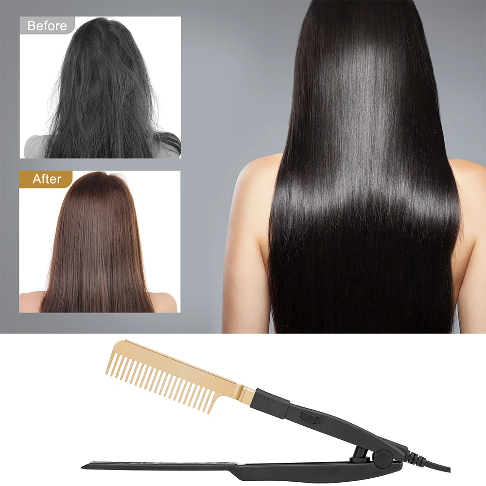 Leeons V-clip Style 2 in 1 Flat Iron Comb Straight Hair Styling Comb Hair Straightener V Comb for Hairdressing