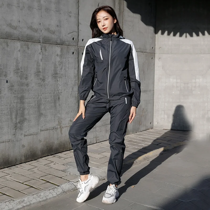 Couple sauna sweat suit man and woman fitness slimming fat burn hoodies and pant two pieces sliver high quality set loose weight