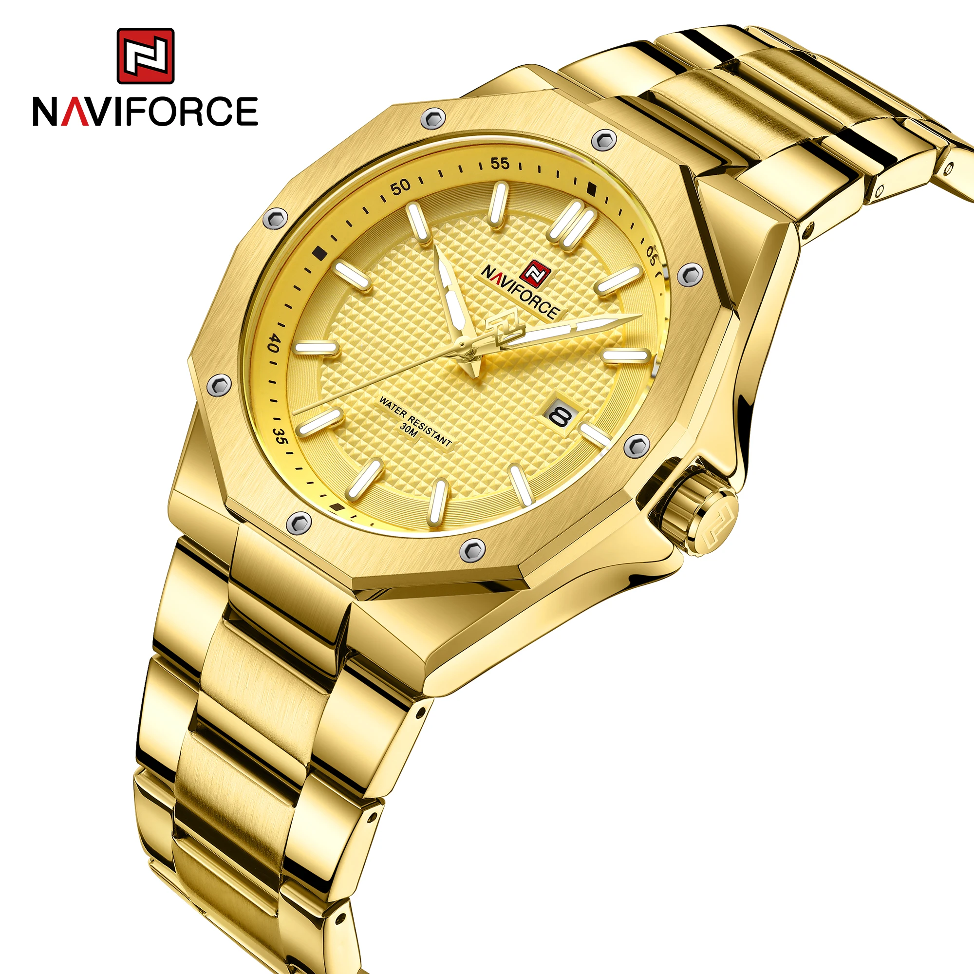 Naviforce 9200 S Quartz Calendar Gold Man Watch Stainless Steel Waterproof Hand watch Create Logo Luminous Clock