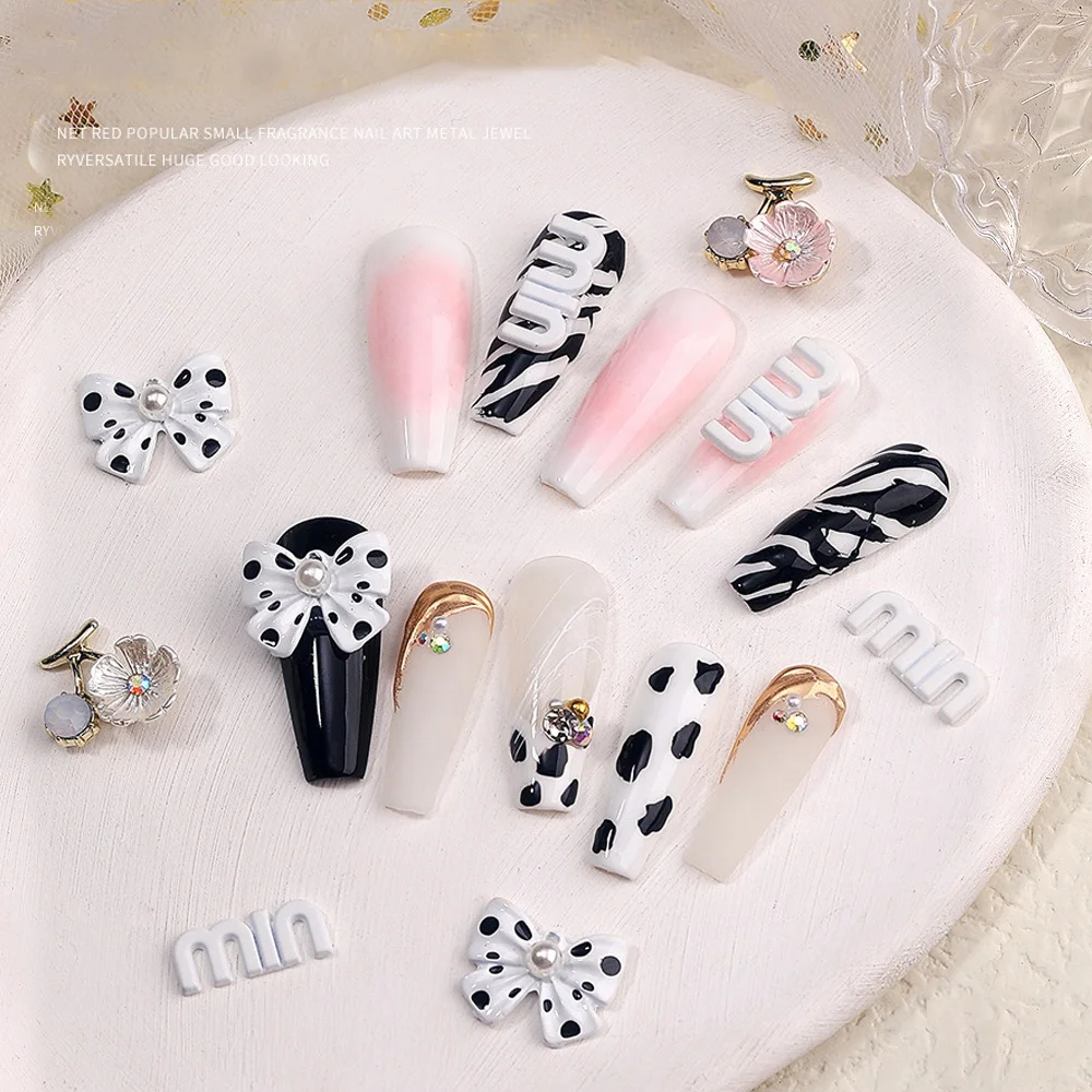 Polka Dot Bow Nail Art Decorations 3D Alloy Flowers Spray Paint Letter Pearl Rhinestones Manicure Jewelry