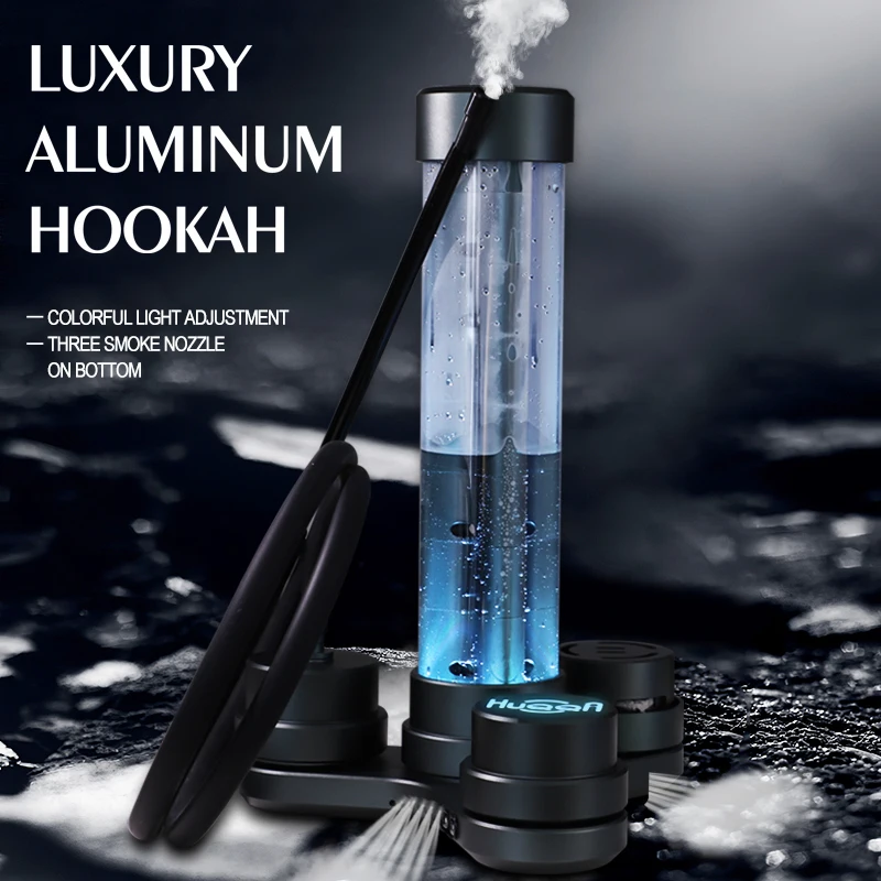 Market New Style Luxury Aluminum Led Colorful Light 3 Smoke Nozzles Charcoal Shisha Hookah Set