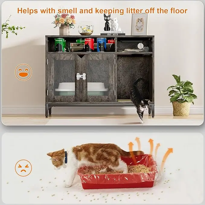 Grey Oak Cat Litter Box Enclosure: Homieasy Hidden Furniture with Charging Station, LED Light, and Decorative Pet House