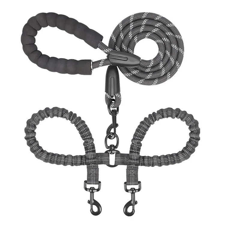 Pet Double Leash Dog Walking Bungee No Tangle Nylon Reflective Dual Dog Leash for Two Dogs