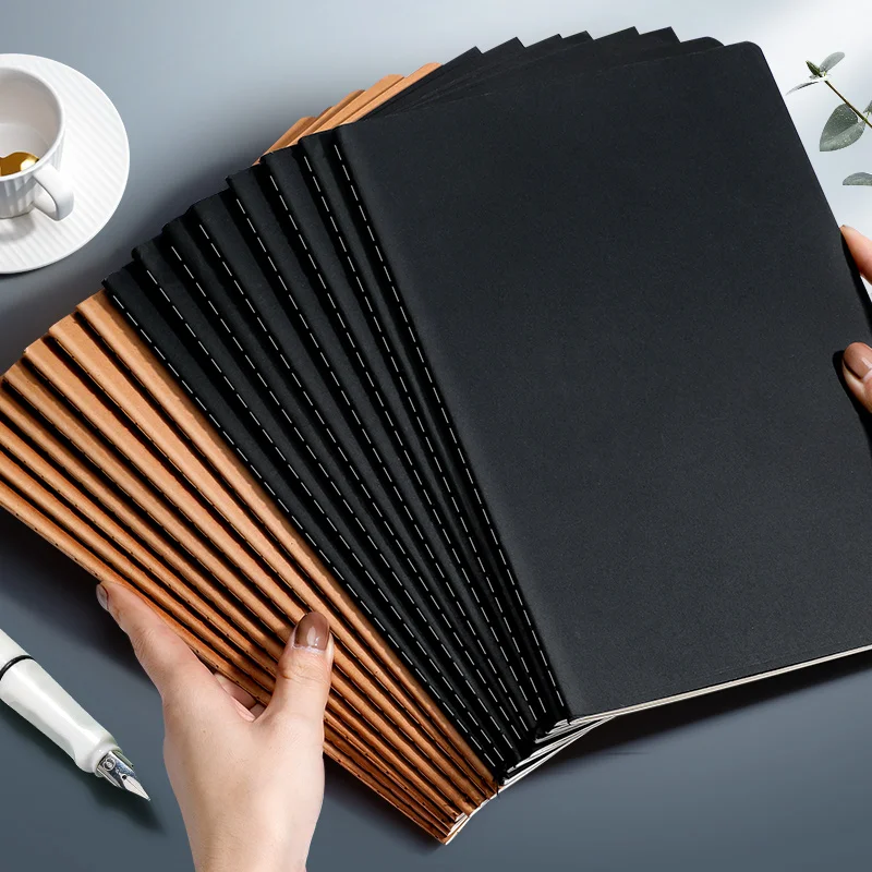 Manufacturer source A5 B5 size stitch book, blank horizontal line grid, inner page, Kraft paper, black cover