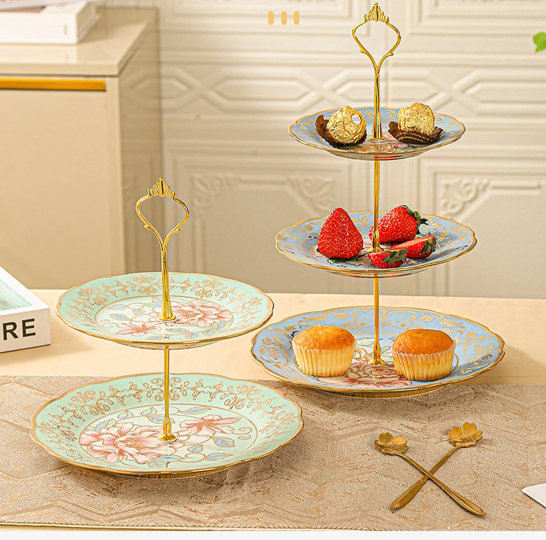 European Gold-Plated Two-Layer Ceramic Fruit Plate Afternoon Tea Snack Holder Living Room Fruit Plate Dessert Cake Plate