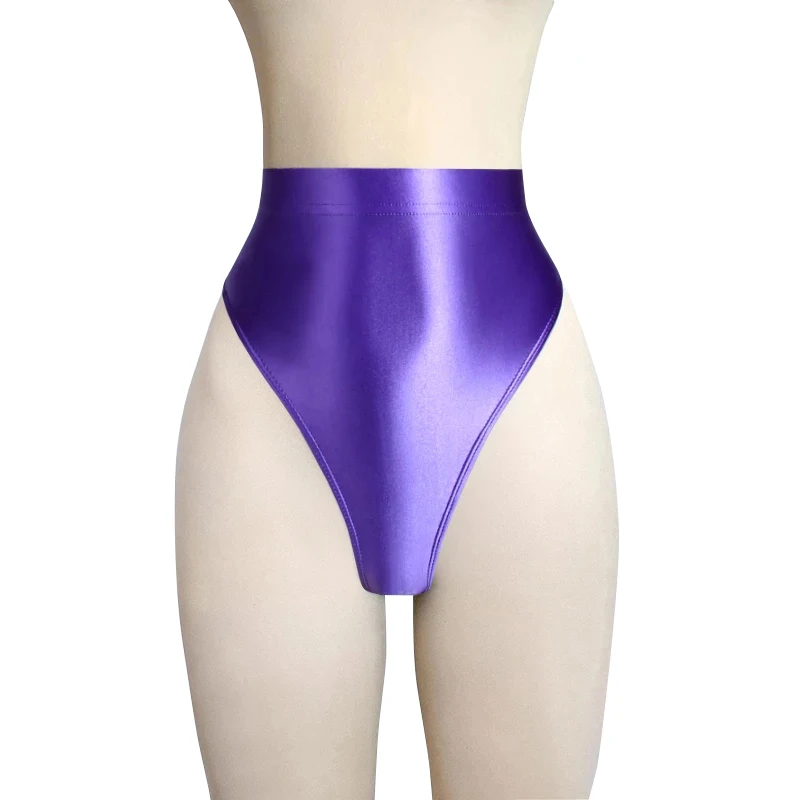 Sexy Shiny Thong Bikini Bottoms with Buttocks Silky Solid Bikini High Waist Tights Underpants High Fork Oily Briefs Large Size