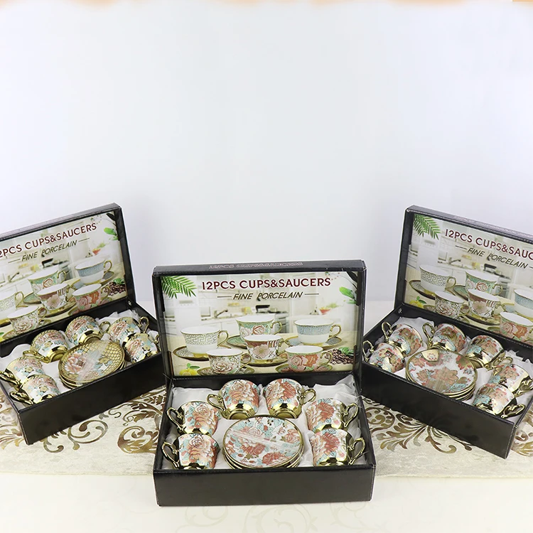Wholesale Porcelain Arabic Afternoon Tea Gift Set 12PCS Luxury Ceramic Coffee Tea Cup and Saucer Set of 6