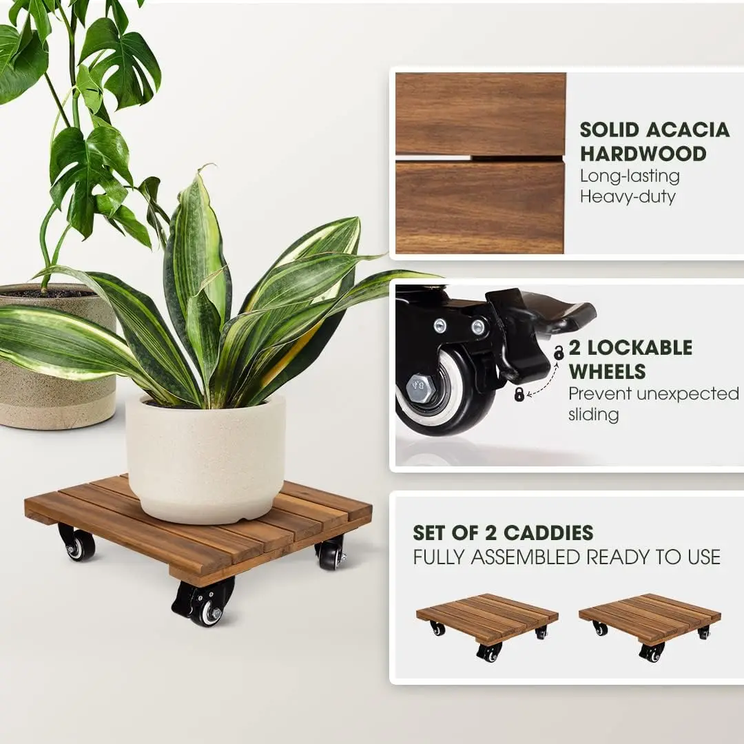 12 Inch Acacia Hardwood Plant Dolly, Plant Stand with 360° Lockable Wheels for Plant Pots