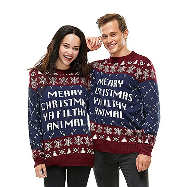 Custom Men and Women Christmas Loose Casual Long Sleeve Round Neck Pullover Animal Pattern Letter Jacquard Knit Sweater