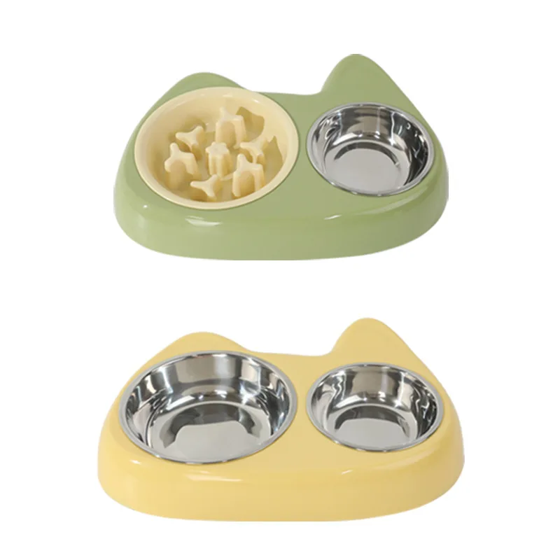 2 In 1 Double Pet Food Bowl Stainless Steel Slow Feeder Dog Bowl Cat Anti-Choking Anti-Skid Rounded Bowl