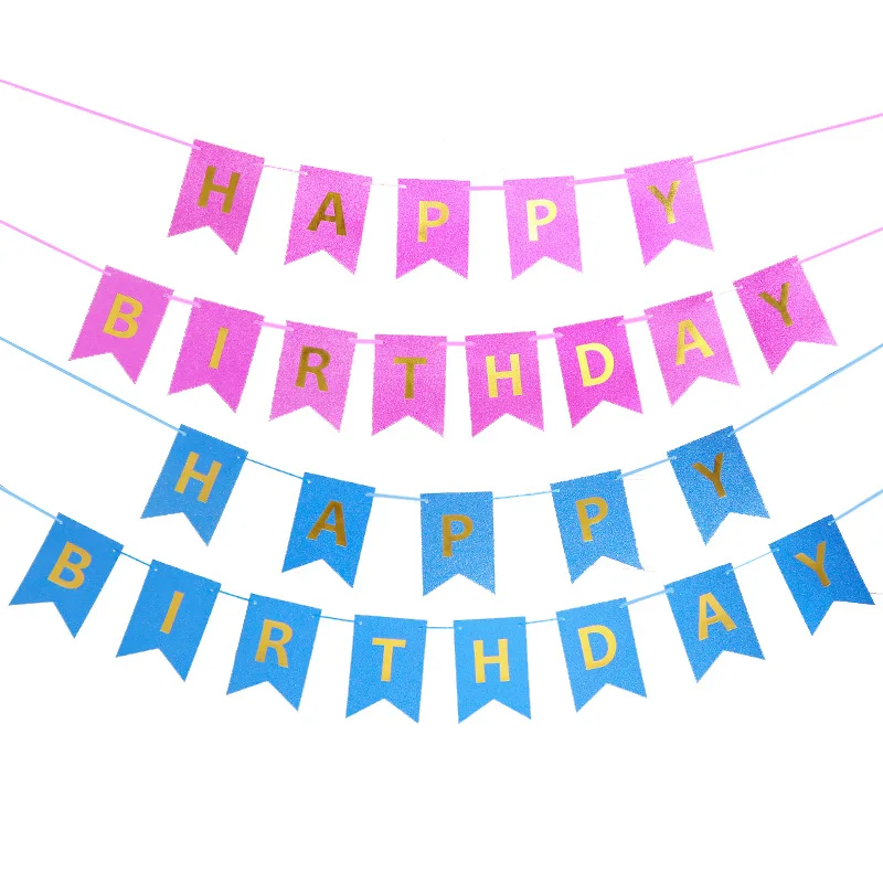 Golden Silver Red Blue Pink 12-17cm Paper Glitter Hot Stamping Happy Birthday Flag and Banners