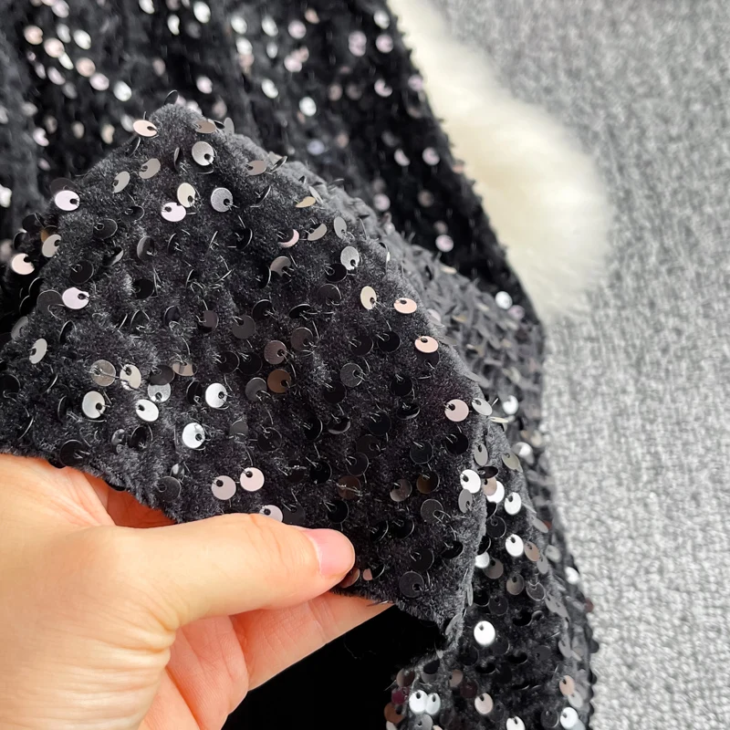 2023 Korean Version High Waist Thin Medium And Long Knee A-line Skirt Fashion Elastic Waist Sequin Large Swing Skirt