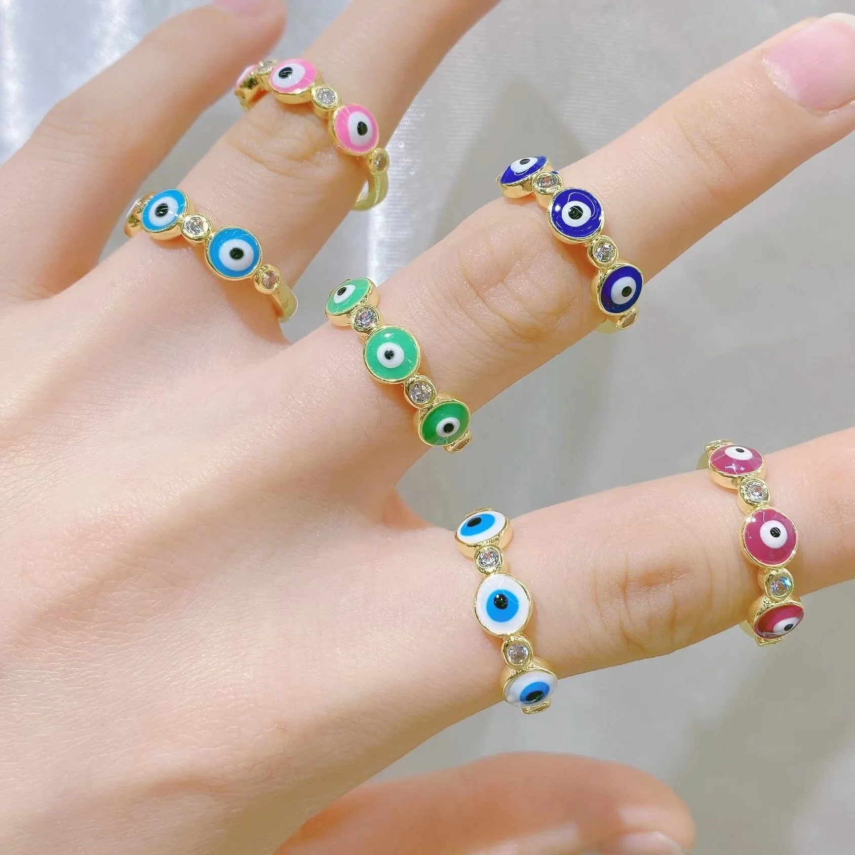 Drop Oils 18K Gold Plated Blue Green Red Black Eye Open Rings Rhinestone Crystal Zirconia Evil Eyes Ring