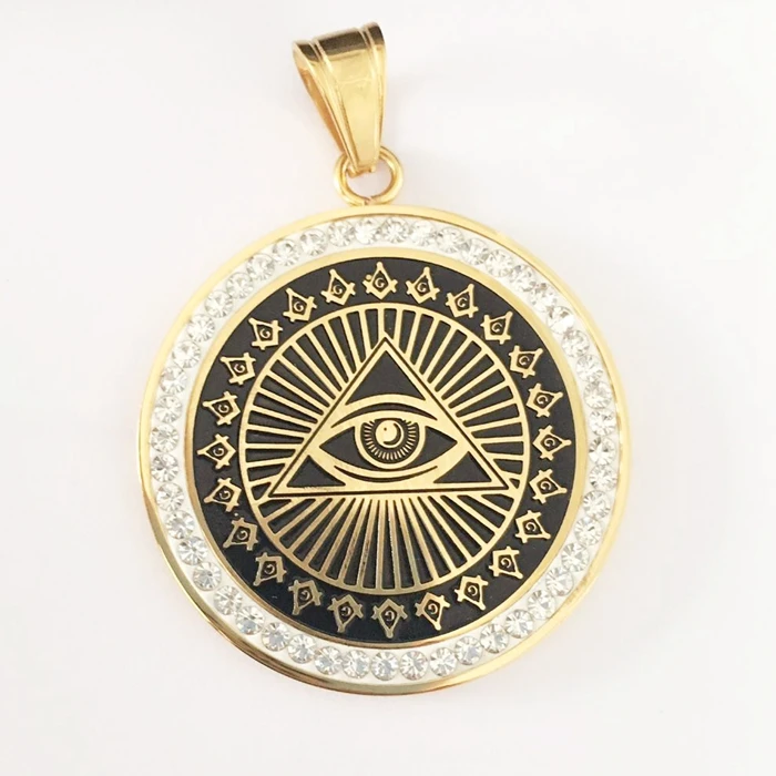Custom Design Stainless Steel All Seeing Eyes Necklace FreeMason Horus Eye Pyramid Round Rhinestone Pendant