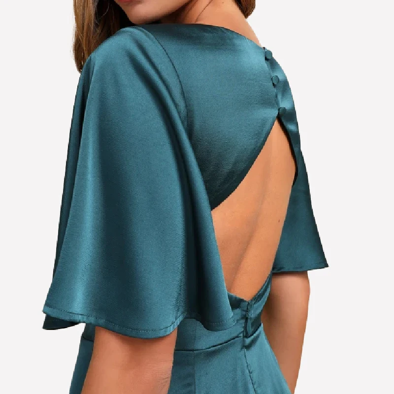 Elegant flutter sleeve v-neck cutout back satin long bridesmaid dresses with front slit