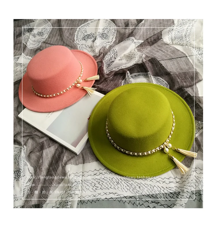 2021 autumn winter British style pearl felt hat fashion pearl chain flat cap casual trend retro fringed wide brim formal hat
