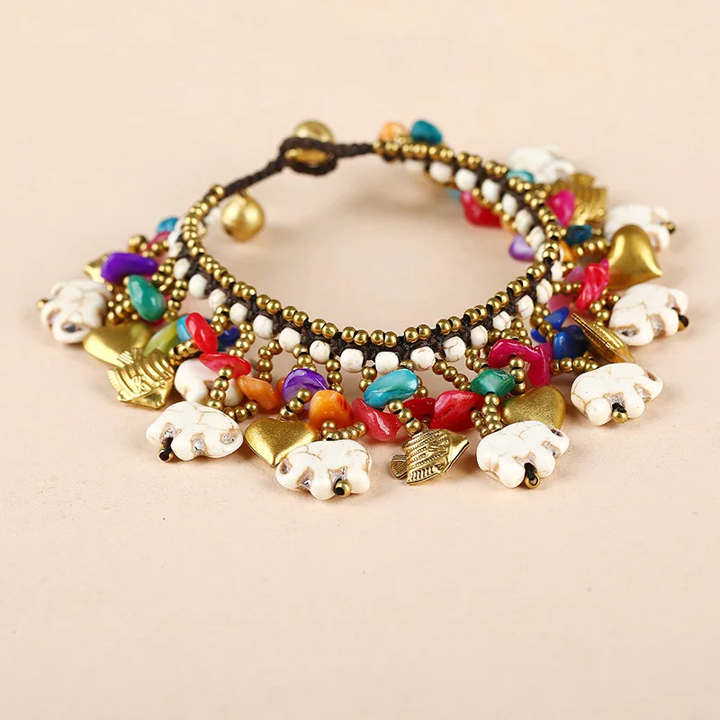 Bohemian Pine Stone Copper Elephant Bracelet Handmade Wax Thread Beaded Colorful Bracelet Female Accessories