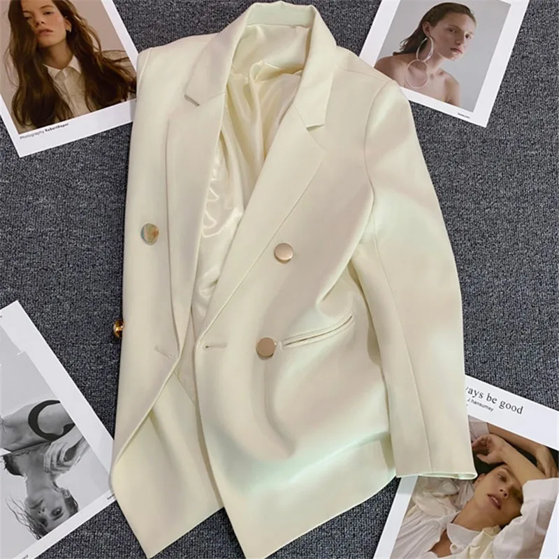 Thin Autumn Solid Small Suit Jacket Women Casual Coat Clothing Double Breasted Elegant Office Lady Blazers
