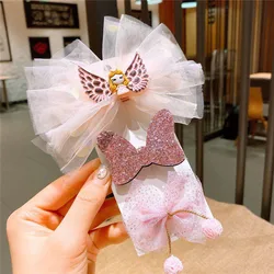 New Style Korean Fashion Snow Princess Cute Beautiful Child Shiny Rhinestone Crown Bow Hairpin Set For Girls Kids Hair Ties