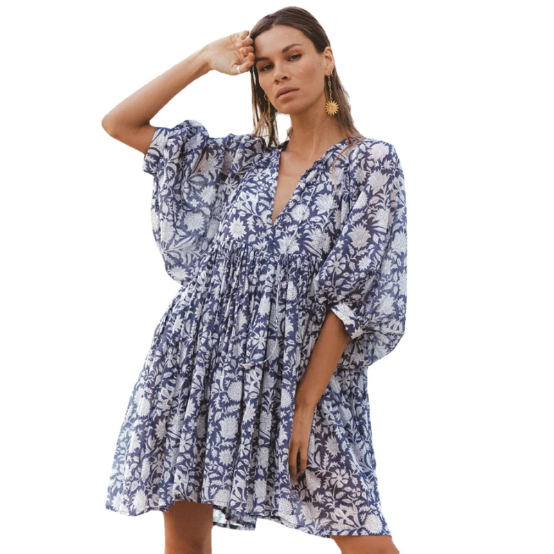 Wholesale Women Dresses Summer 2023 V Neck Femme Mujer Vestido Loose Floral Boho Dress Short Sleeve Casual Beach Bohemian Dress