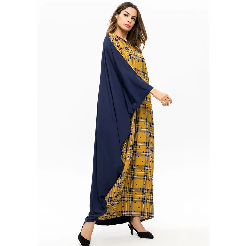 
Casual Maxi Dress Muslim Abaya Bat Sleeve Long Robe Gowns Loose Style Plaid Trim Turkey Middle East Moroccan Islamic Clothing 