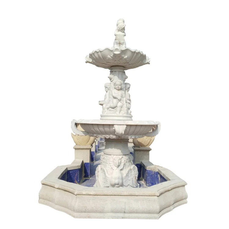 Large Double Layered Fountain with Boy Angel Statue Garden City Sculpture Modern Marble Diameter 3 M or Customized Yiwei Art