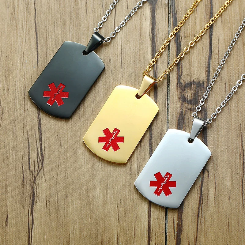 Engraved Red Medical Logo Pendant Necklace Gold Stainless Steel Diabetes Alert ID Charm Chain Necklace Jewelry
